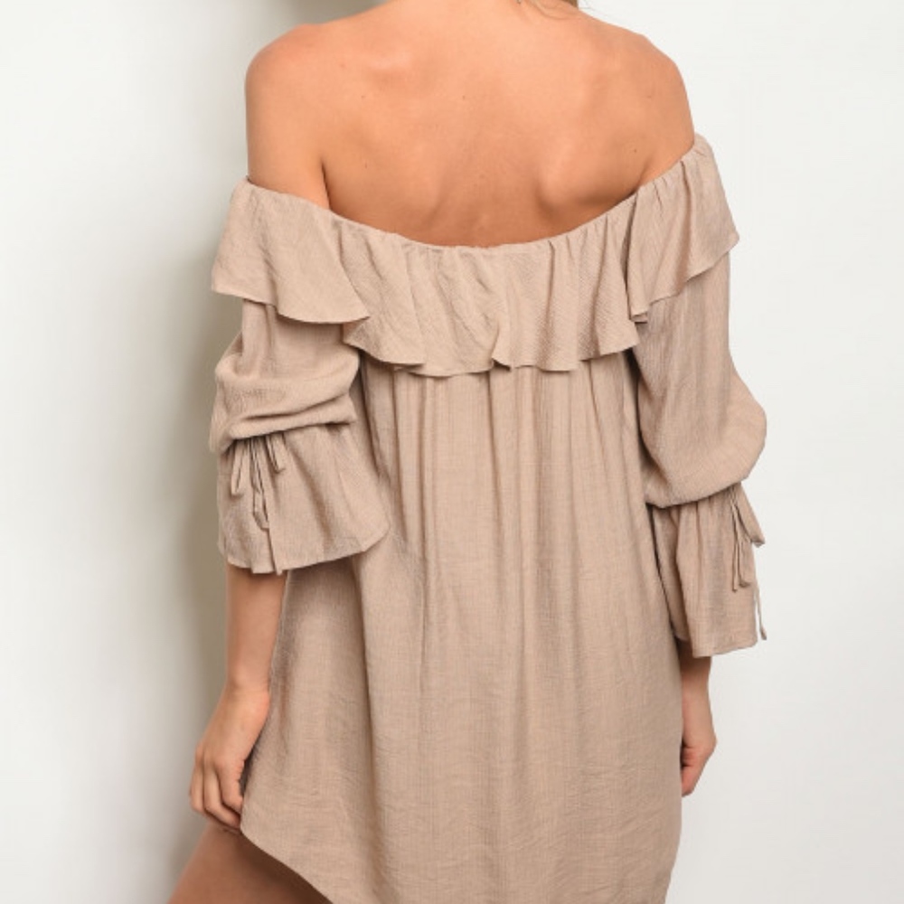 LAST 1! OFF SHOULDER/ BELL SLEEVE TAN SHIRT  DRESS - Picture 3 of 5
